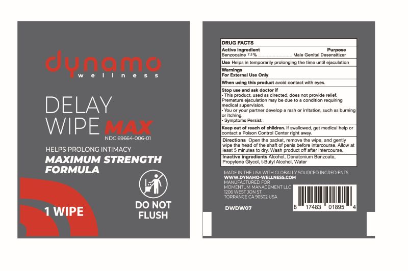 Dynamo Wellness Delay Wipe MAX single wipe packet, front and drug facts back panel