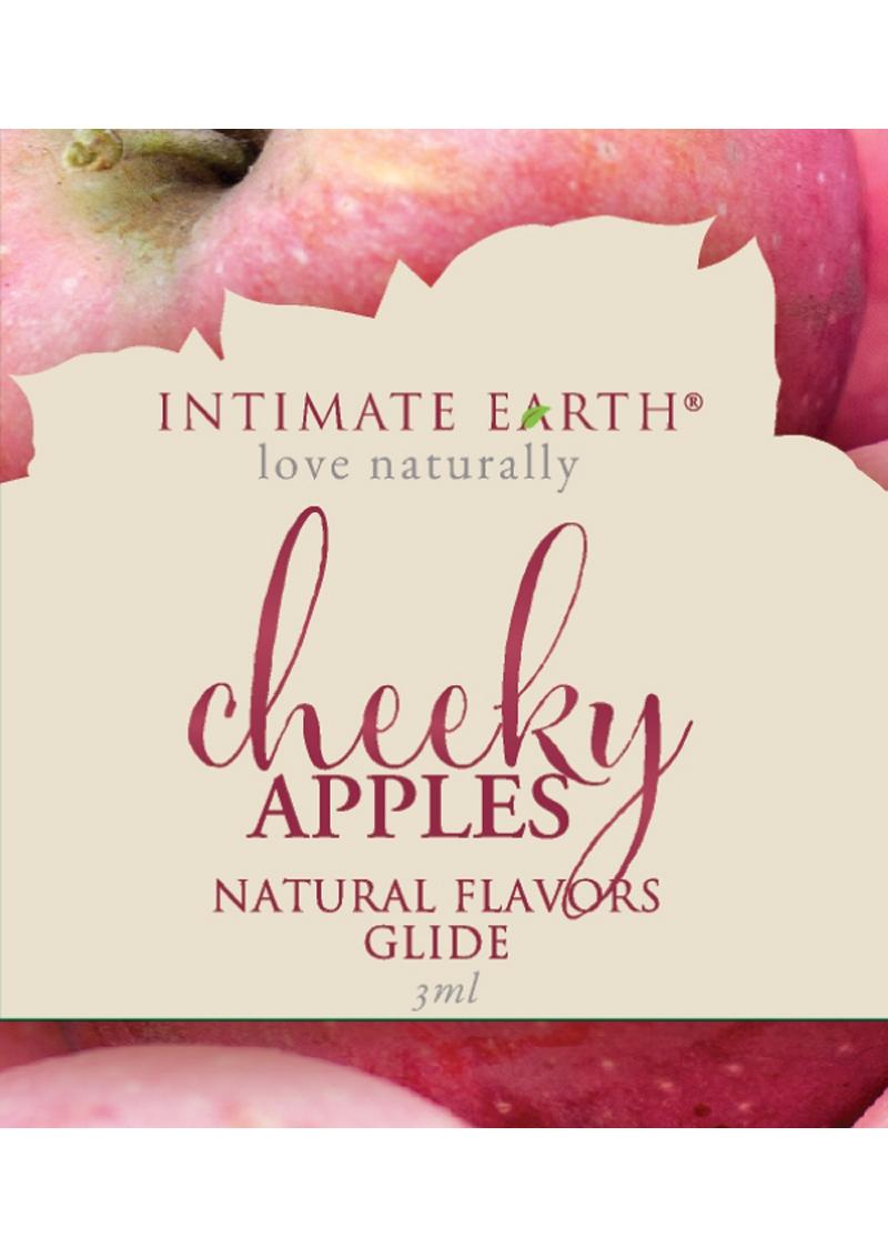 Intimate Earth Natural Flavors Glide Lubricant Cheeky Apples – 3ml foil packet, label close-up