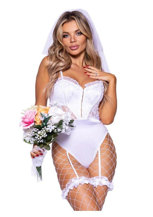 Leg Avenue Bridal Babe Lace Garter Bodysuit 3 Pc Set