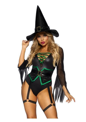 Leg Avenue Broomstick Babe Bodysuit with Lace Up Deep-V 2pc Set