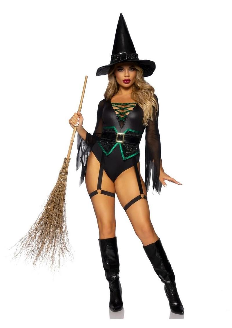Leg Avenue Broomstick Babe Bodysuit with Lace Up Deep-V 2pc Set
