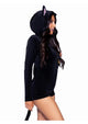 Black velvet plush cat romper with a bell zipper pull, ear hood and attached kitty tail
