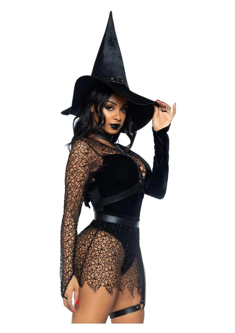 Black witch costume with a distressed net velvet bodysuit, attached garters, choker body harness and velvet witch hat