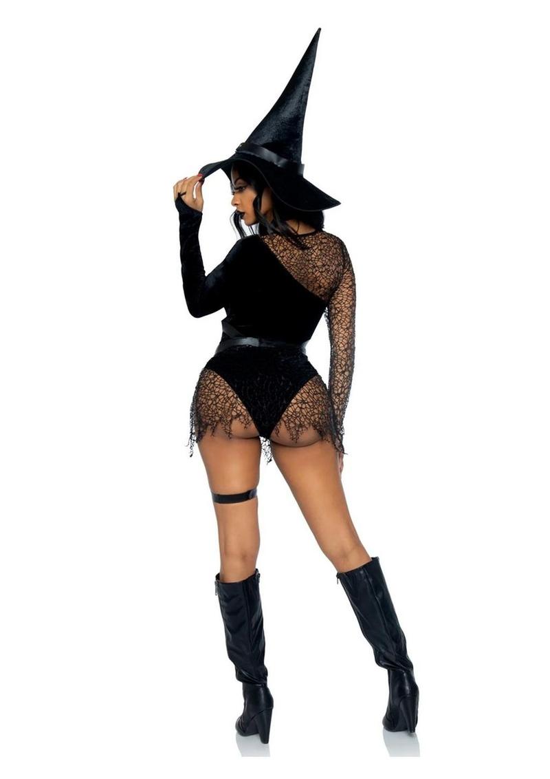 Black witch costume with a distressed net velvet bodysuit, attached garters, choker body harness and velvet witch hat