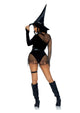 Black witch costume with a distressed net velvet bodysuit, attached garters, choker body harness and velvet witch hat