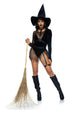 Black witch costume with a distressed net velvet bodysuit, attached garters, choker body harness and velvet witch hat
