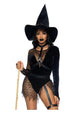 Black witch costume with a distressed net velvet bodysuit, attached garters, choker body harness and velvet witch hat
