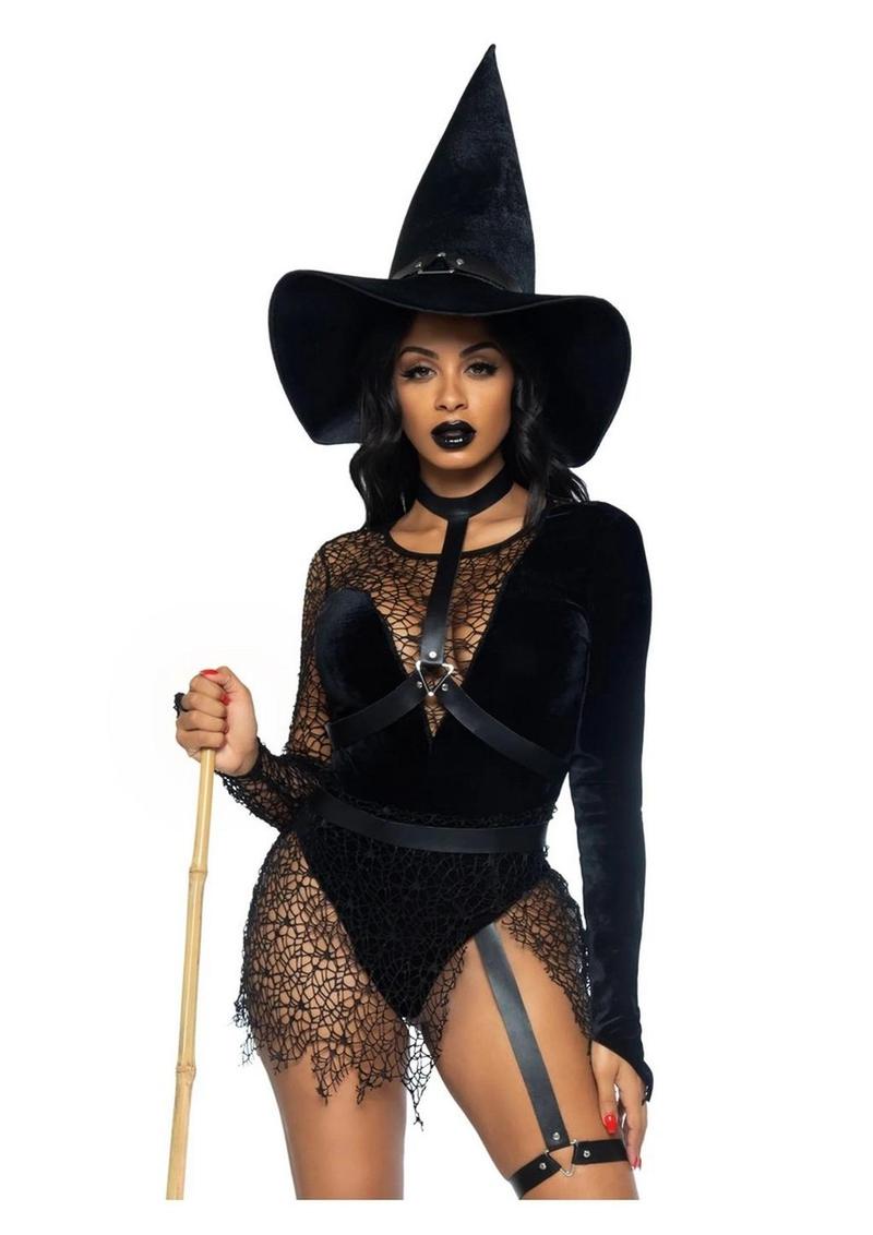 Black witch costume with a distressed net velvet bodysuit, attached garters, choker body harness and velvet witch hat