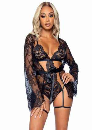 Leg Avenue 3 PC Eyelash Lace Garter Teddy and Robe 3pc Set