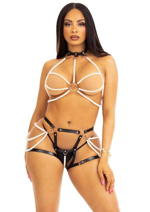 Leg Avenue Faux Pearl Multi Strand Harness 2pc Set