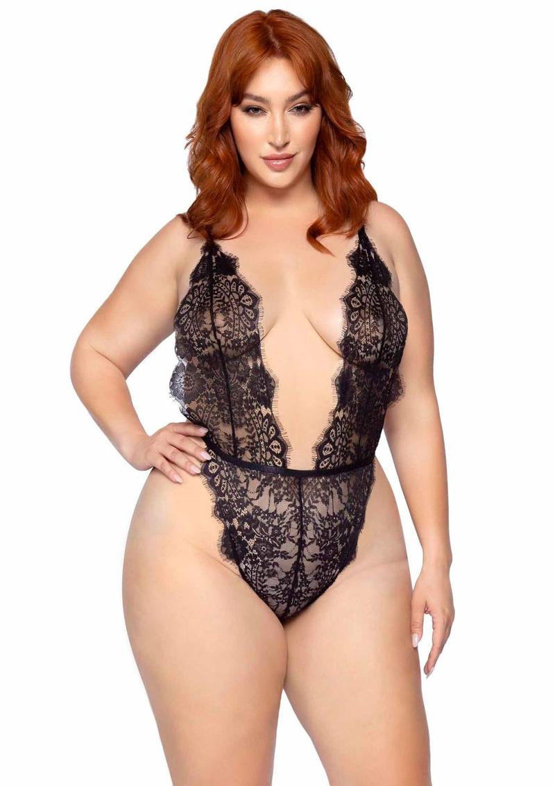 Leg Avenue Plus Size Floral Lace Teddy and Cheeky Thong, Matching Lace Robe 3pc Set