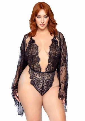 Leg Avenue Plus Size Floral Lace Teddy and Cheeky Thong, Matching Lace Robe 3pc Set