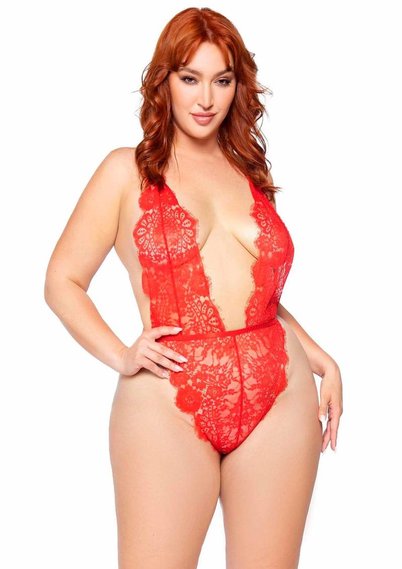 Leg Avenue Plus Size Floral Lace Teddy and Cheeky Thong, Matching Lace Robe 3pc Set
