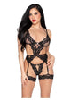Leg Avenue Lace and Sheer Cami Garter with Rosette Accent and Matching G-String Panty - Black - Small - 2 Piece