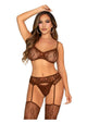 Leg Avenue Lace Bra Top with Mini Bow Detail, V-Front G-String, and Garter Belt Stockings - Cocoa - One Size