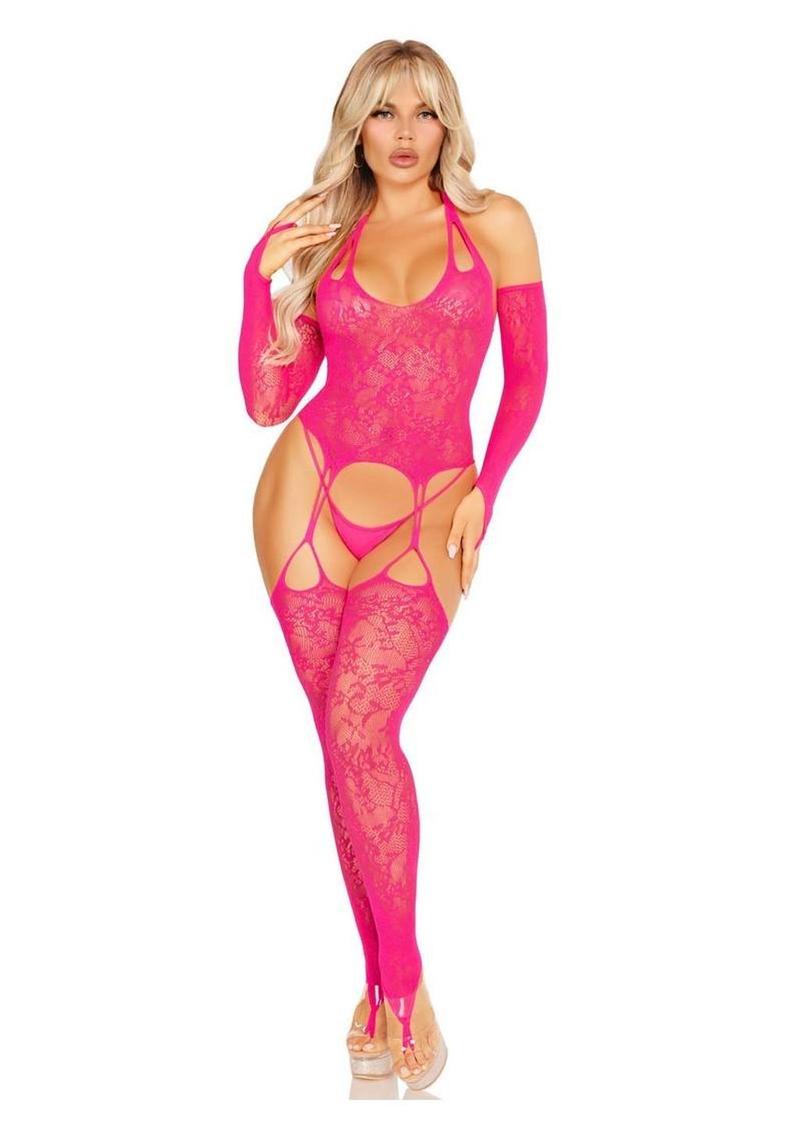 Leg Avenue Lace Halter Footless Cami Garter with Attached Stockings and Arm Warmers