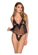 Leg Avenue Lace Trimmed Sheer Babydoll with Rosette Accent and Matching Lace Panty - Black - Large - 2 Piece
