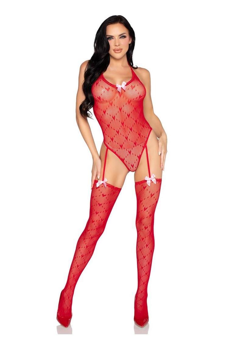Leg Avenue Mini Heart Net Teddy with Attached Stockings