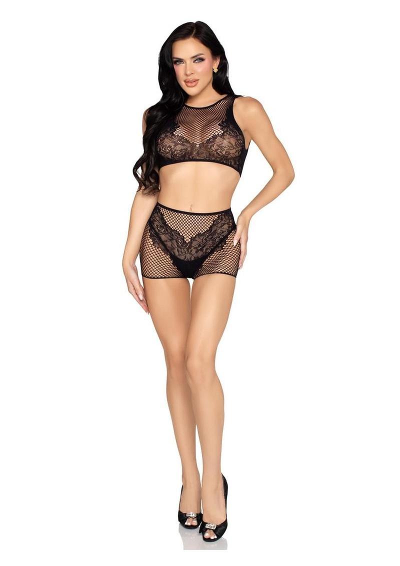 Leg Avenue Net and Lace Crop Top and Boy Shorts 2pc Set
