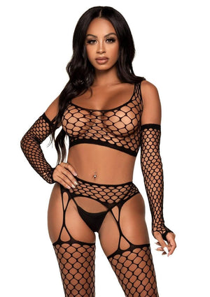 Leg Avenue Net Crop Top, Garter Stockings and Matching Gloves 3pc Set