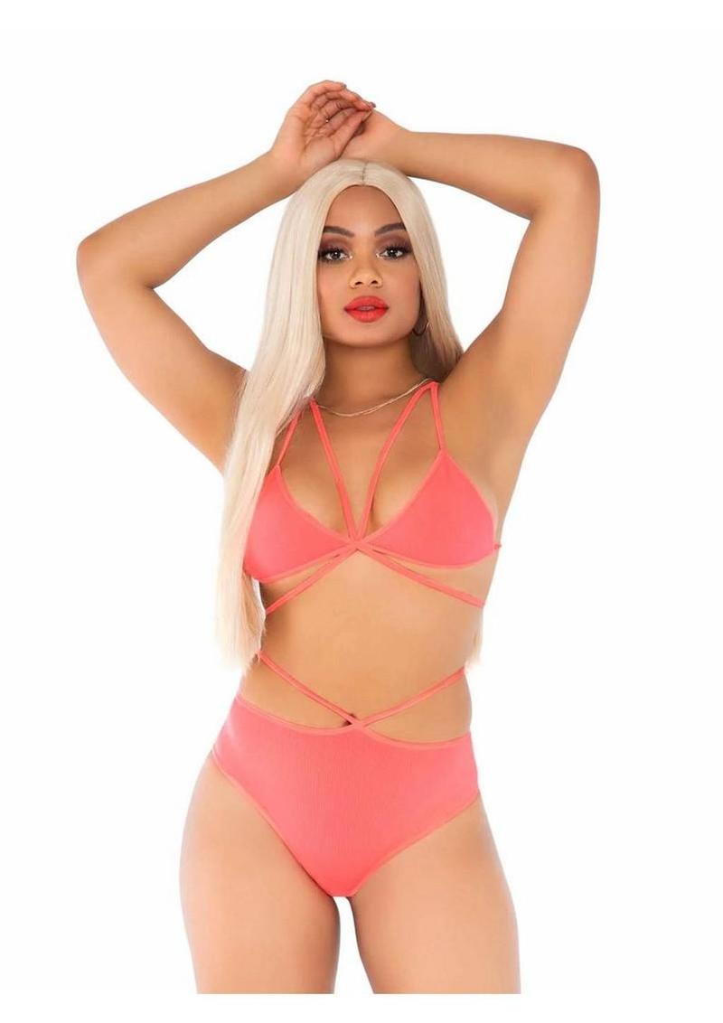 Leg Avenue Opaque Cage Strap Bra Top and Strappy Brazilian Briefs 2pc Set