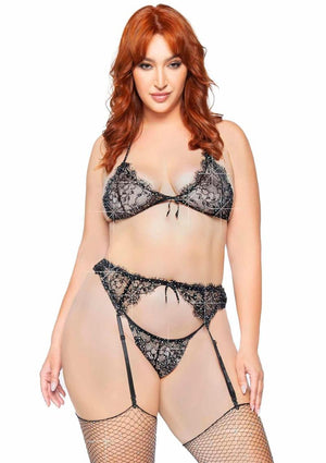 Rhinestone Eyelash Lace Bra Top Garter Belt and G-String 3pc Set