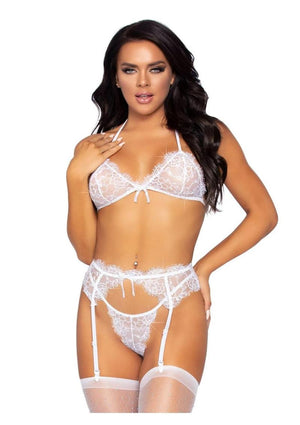 Leg Avenue Rhinestone Eyelash Lace Bra Top Garter Belt and G-String 3pc Set