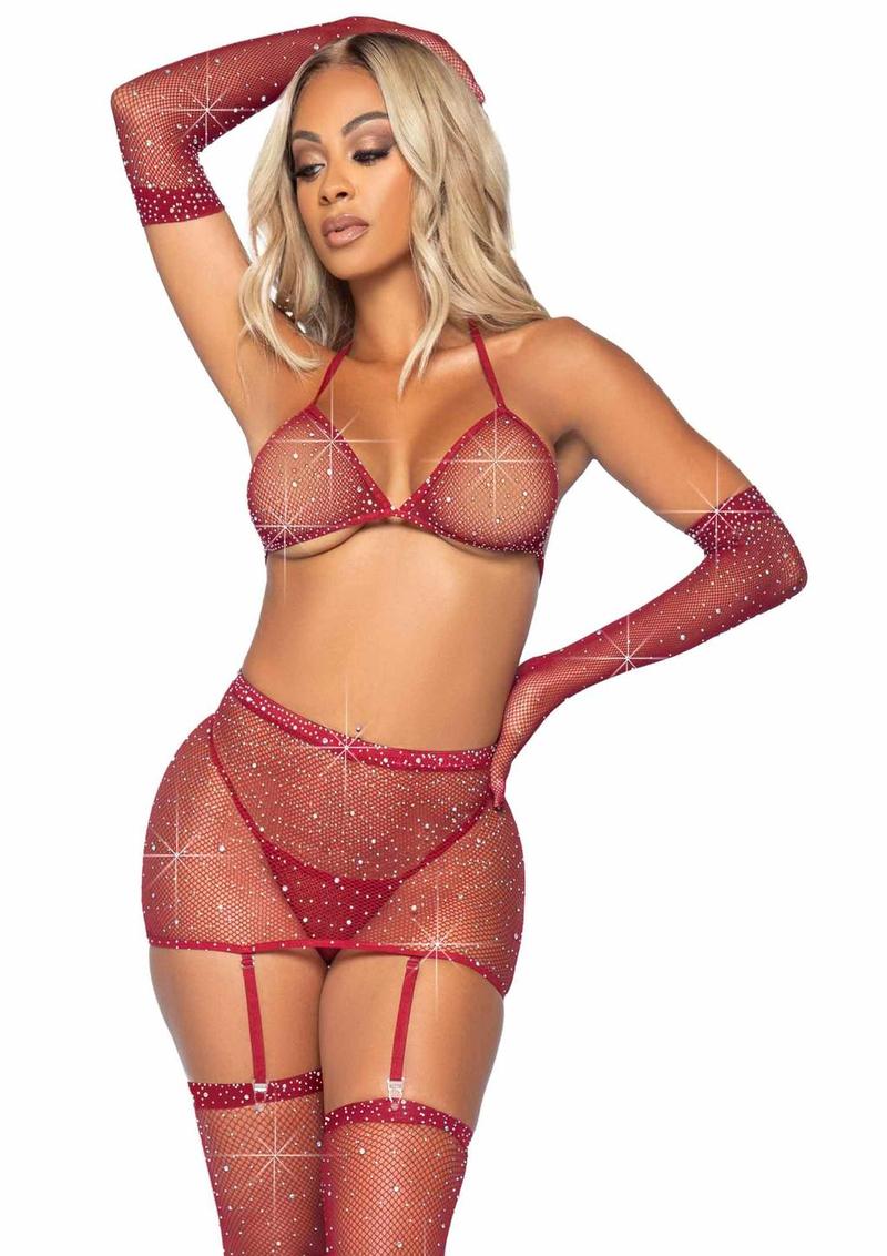 Leg Avenue Rhinestone Fishnet Garter Skirt 5pc Set