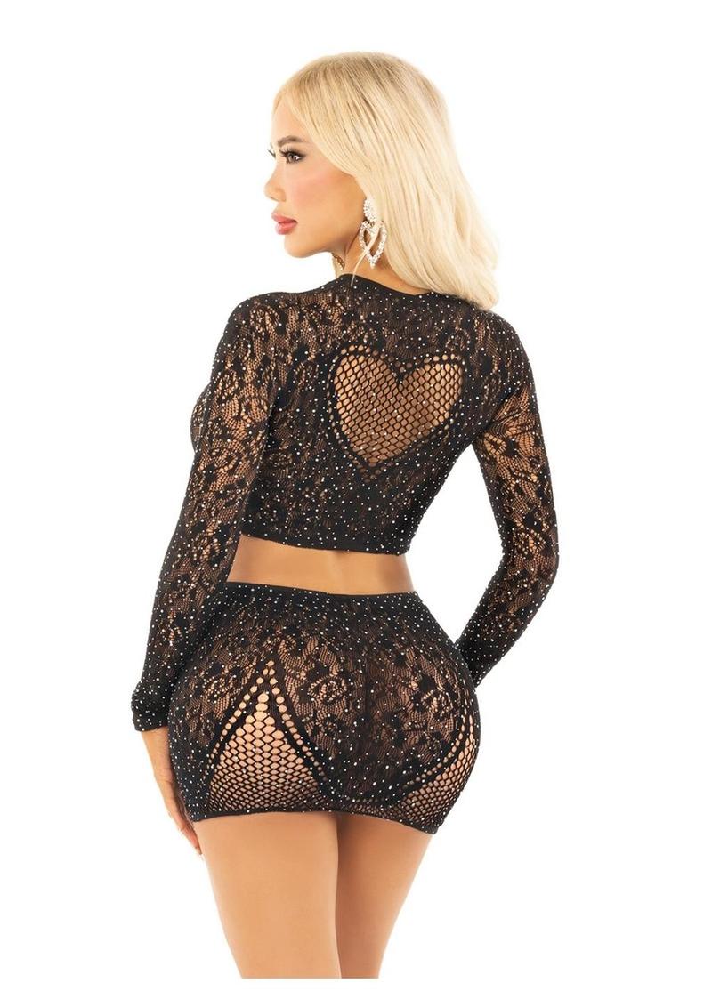 Leg Avenue Rhinestone Lace and Net Crop Top and Mini Skirt 2pc Set