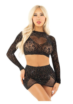 Leg Avenue Rhinestone Lace and Net Crop Top and Mini Skirt 2pc Set
