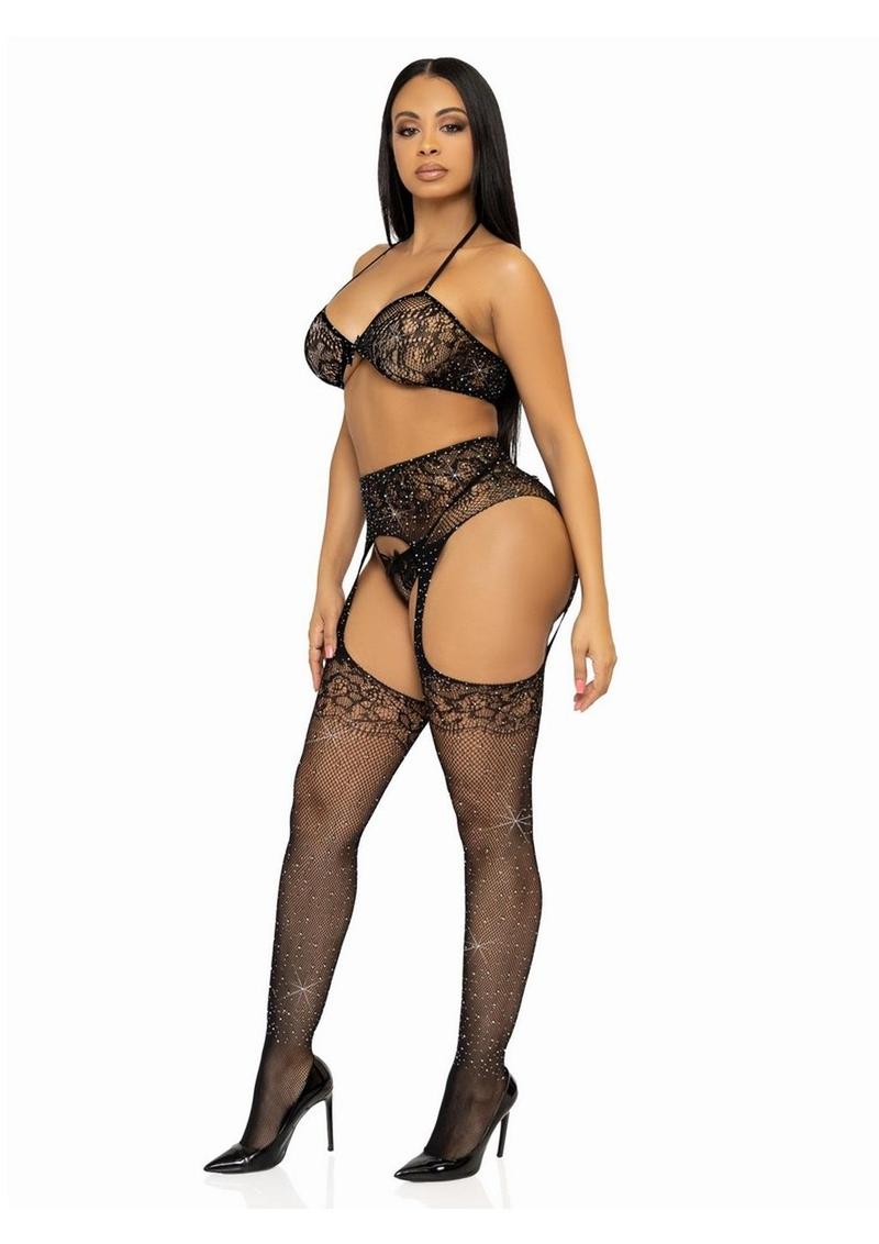 Leg Avenue Opposites Attract Bra G-String and Garter Hose 3pc Set