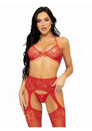 Leg Avenue Opposites Attract Bra G-String and Garter Hose 3pc Set