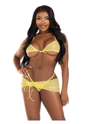 Leg Avenue Rhinestone Mesh Wrap Around Bra Top, G-String and Sarong 3pc Set