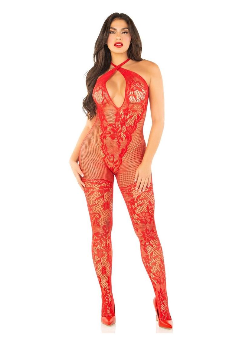 Leg Avenue Seamless Net and Lace Keyhole Halter Bodystocking