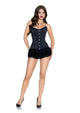 Full length front view of the black Leg Avenue Steel Boned Satin Corset with sweetheart neckline and busk studs