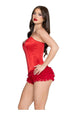Side view of the red Leg Avenue Steel Boned Satin Corset showing the boned waist and busk closure