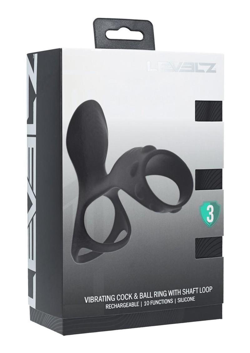 Levelz Vibrating Silicone Rechargeable Cock and Ball Ring with Shaft Loop - Black