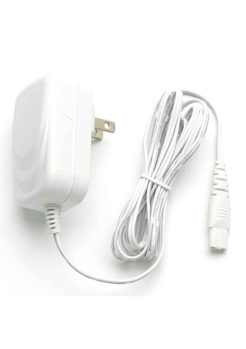 Magic Wand Plus HV-265 Power Adapter, white adapter with prongs and coiled cord, angled view