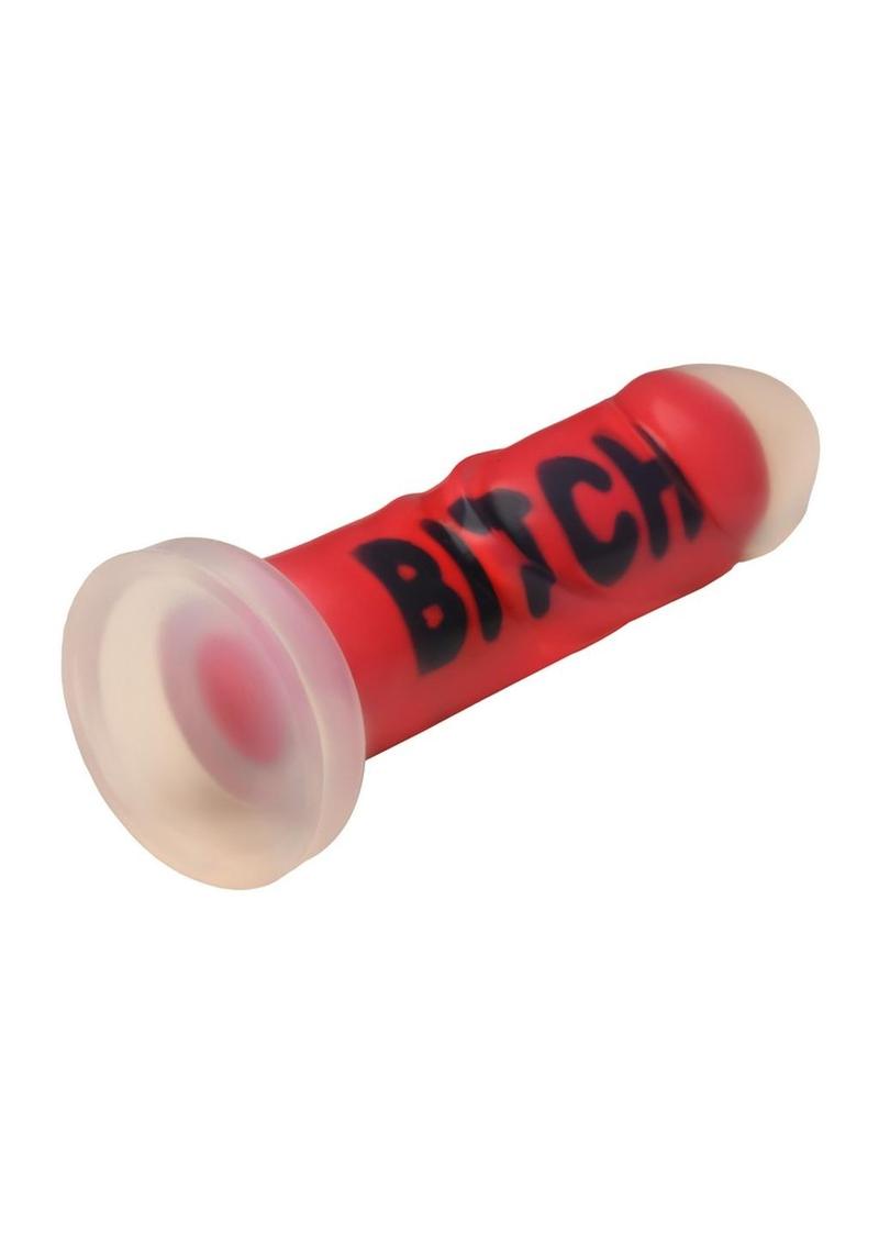 Master Series BITCH Silicone Dildo in Red and Black, angled view of suction base