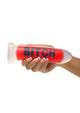 Master Series BITCH Silicone Dildo in Red and Black, held in hand for scale