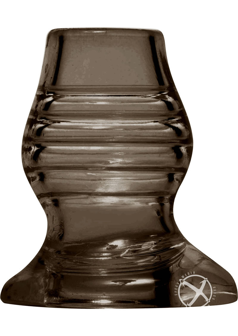 Master Series Excavate tunnel anal plug in smoky black, side view showing the ribbed body and flared base