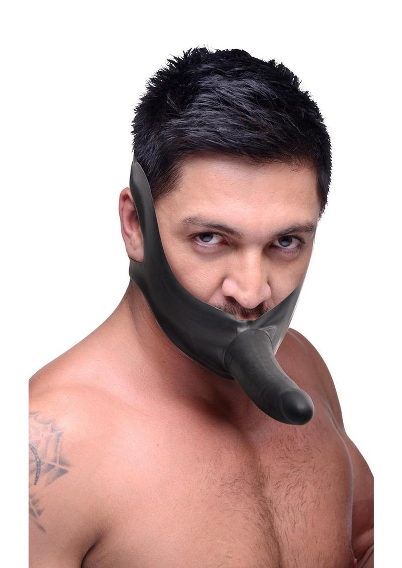 Black strap-on mouth gag worn on model