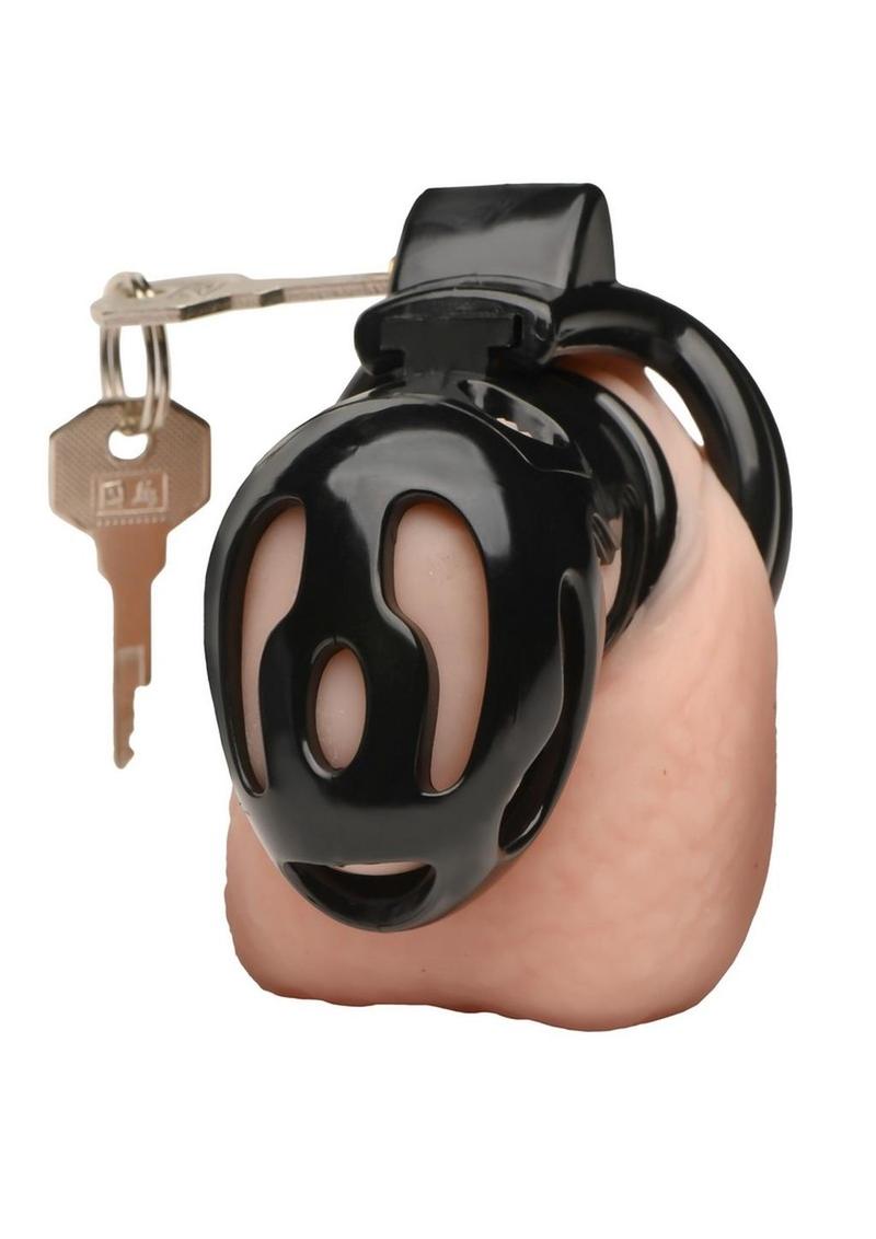Black Hard Stop Chastity Cage worn, front view with key in lock