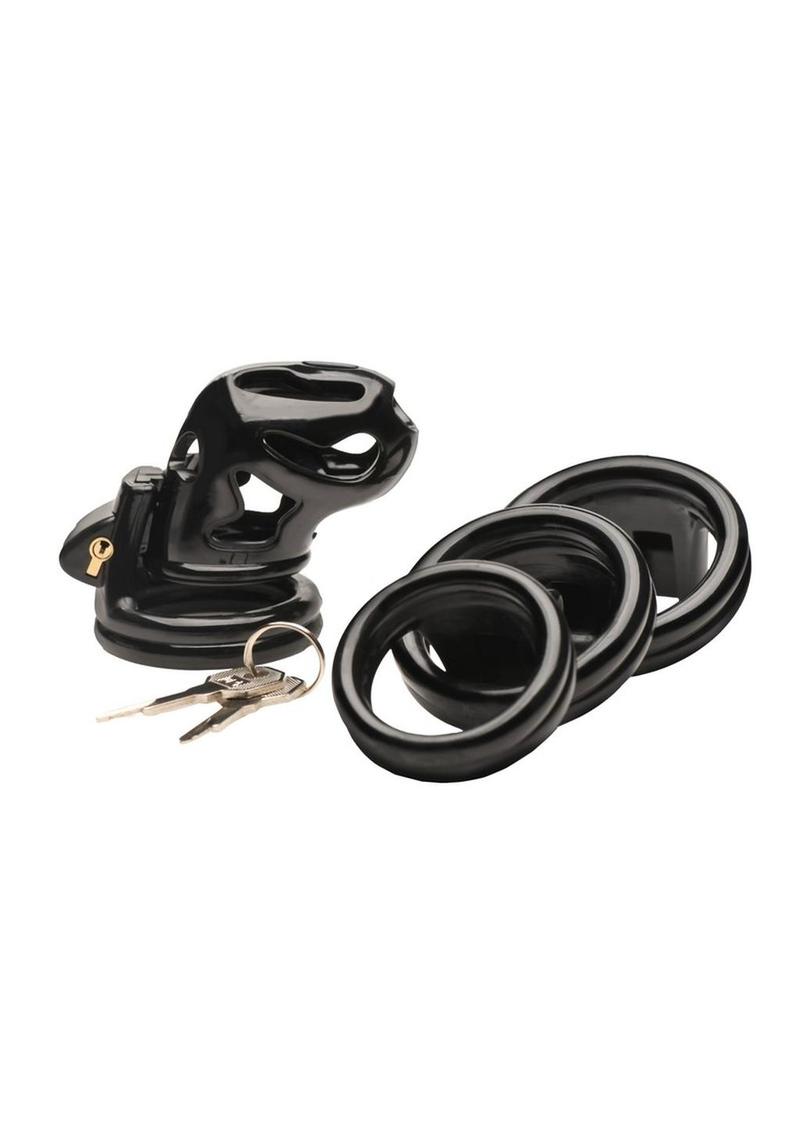 Black Hard Stop Chastity Cage with four sizing rings and keys