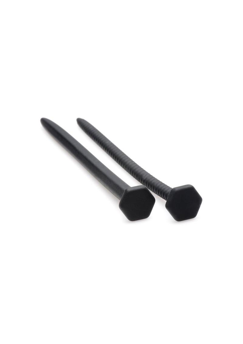 Black nail and screw silicone sounds, close view of hex heads