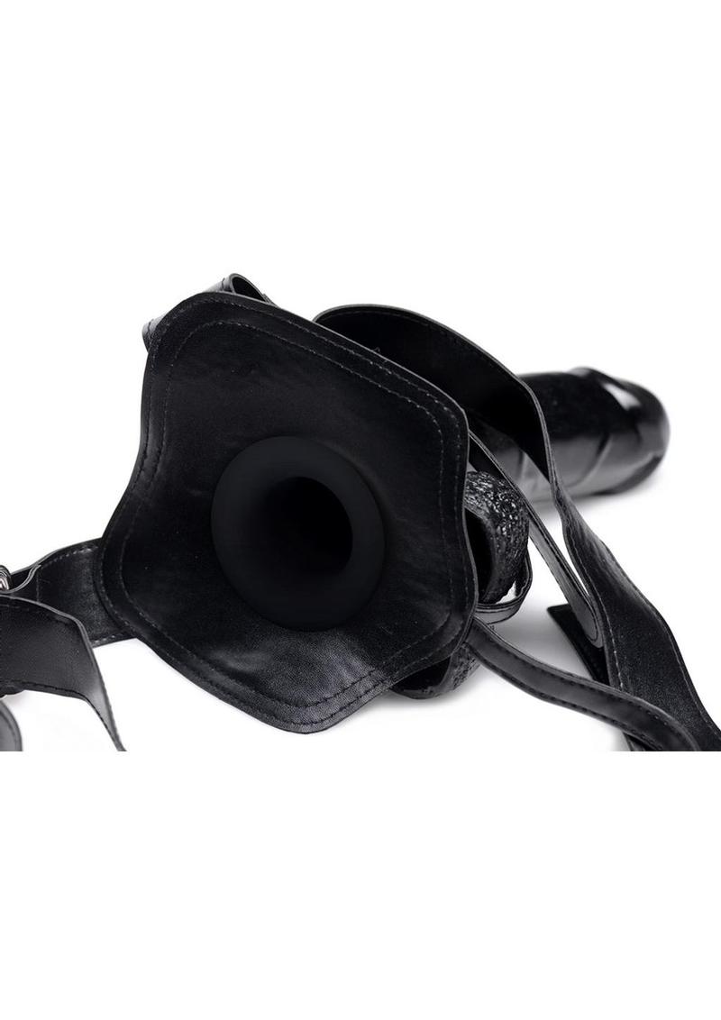 Master Series Infiltrator II Hollow Strap-On in Black, harness and hollow dildo laid flat