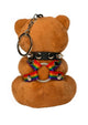 Pride bear keychain back view showing rainbow harness straps, O-ring, spiked collar and key ring