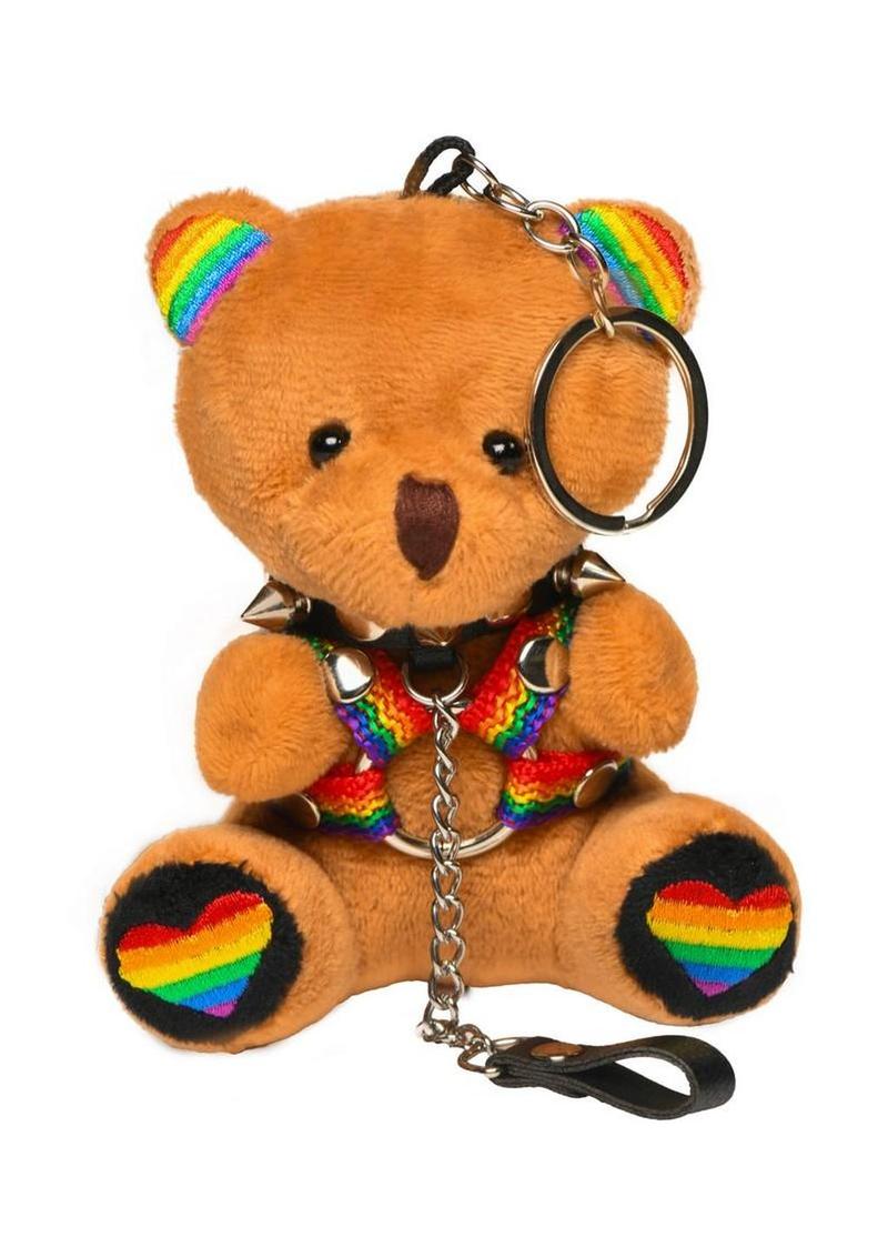 Master Series Pride Bear Keychain, front view showing rainbow ears, heart foot pads, harness and leash