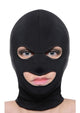 Black spandex hood on model, front view