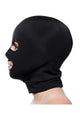 Black spandex hood on model, profile view
